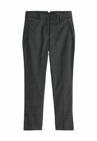 Hallhallikujundusega hallid püksid, millel on slim fit, lamedad esiosad, vöörihmade silmad, küljetaskud ja diskreetne tekstuuriga kangas.
