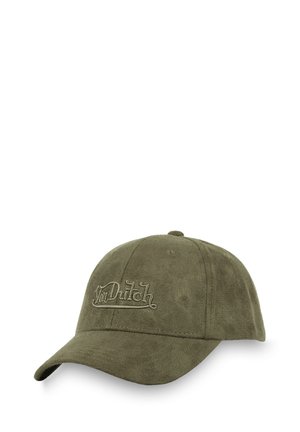 Casquette de baseball en daim vert olive avec logo "Von Dutch" brodé dans une couleur assortie. Elle possède une visière incurvée et une sangle réglable.