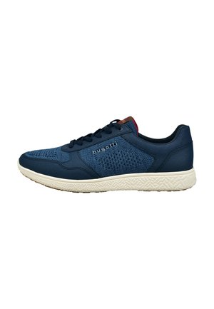Marineblaue Netz-Sneaker aus strukturiertem Stoff, weiße Gummisohle und Logodetails. Verfügen über traditionelle Schnürung und kontrastierende Akzente.