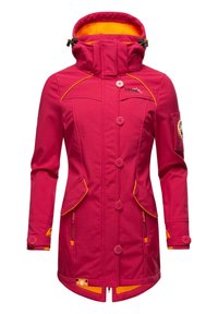 Fuchsia outerwear jacket with orange accents, zippered pockets, and double buttons. Features a high collar and logo on the chest.