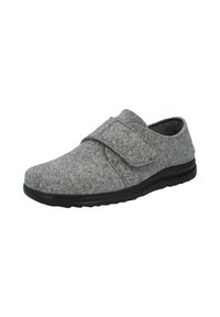 Gray felt slip-on shoe with a wide strap closure, rounded toe, and a black rubber sole, featuring a textured upper and smooth edges.