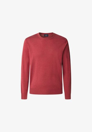 Plain long-sleeve crew neck sweater in solid muted red, featuring ribbed cuffs and hem, displayed against a white background.