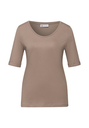 Camicia taupe a maniche corte con polsini risvoltati e scollo a giro, esposta su uno sfondo uniforme.