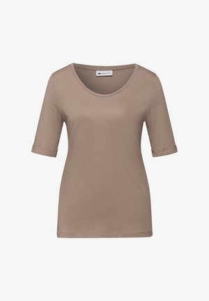 Taupenvärinen lyhythihainen paita, jossa mansetit hihansuissa ja pyöreä pääntie, esitellään yksinkertaisella taustalla.