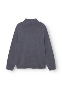 Maglione a collo alto a coste di colore grigio scuro, con maniche lunghe e vestibilità ampia, esposto su uno sfondo bianco.