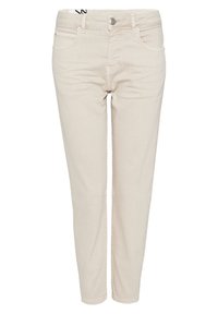 Beige denimjeans med en figursydd design, fem fickor, knäppning med knapp och dragkedja samt en subtil struktur. Enkla utan synliga mönster eller detaljer.