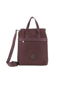 Borsa tote in nylon bordeaux con doppie maniglie superiori, tracolla regolabile, fascia frontale e accento con logo circolare. Chiusura con zip e superficie liscia.