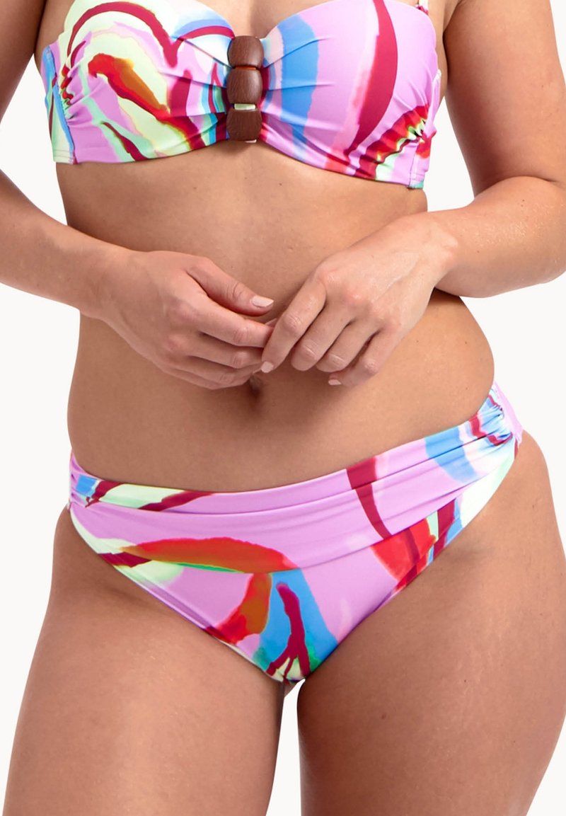 Set bikini con top senza spalline arricchito da dettagli marroni e motivi astratti colorati in rosa, rosso, verde e blu; tessuto texturizzato.