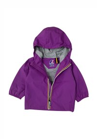 Giacca leggera viola con cappuccio, polsini elasticizzati, fodera grigia, chiusura con zip e etichetta con marchio. Adatta per 12 mesi.