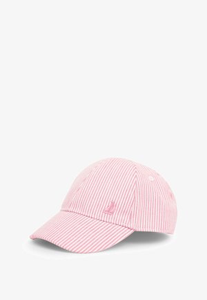 Gestreifte rosa Baseballmütze mit gebogenem Schirm, aus Baumwolle, mit gesticktem Logo auf der Vorderseite und Belüftungsösen.