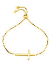 Bracciale d'oro con design a catena sottile, caratterizzato da una croce orizzontale liscia e minimalista come punto focale. Meccanismo di scorrimento regolabile.