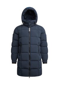 Marineblaue Steppjacke mit Kapuze, gesteppte Optik, Reißverschluss vorne und elastische Bündchen. Markenname "JACKIT" gut sichtbar.