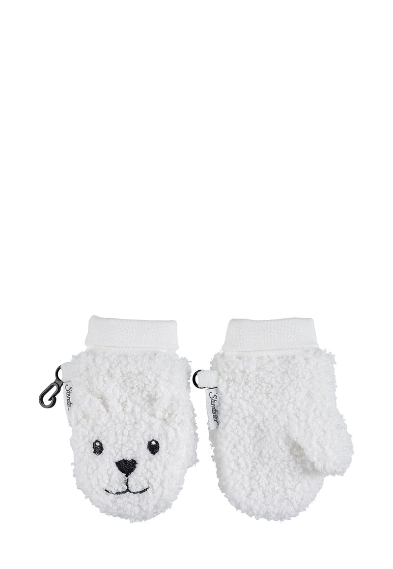 Weiße, plüschige Handschuhe mit einem Design eines Teddybaergesichts, das mit gestickten Augen und Nase verziert ist. Mit einem weißen Stoffbündchen und einem Clip zum Sichern.