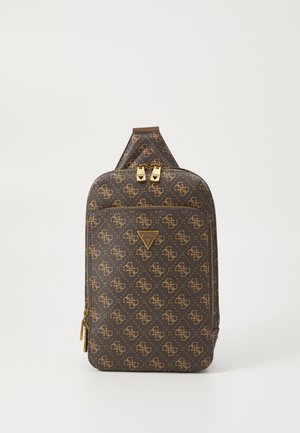 Brown patterned backpack with gold hardware, featuring a textured fabric, double zip closure, and a triangular logo on the front.