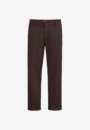 Dunkelbraune, gerade geschnittene Hose mit Knopf- und Reißverschluss, Gürtelschlaufen und umgeschlagenen Säumen.