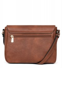 Borsa a tracolla in pelle marrone con una tasca con zip, un pattina pieghevole e una tracolla staccabile. Superficie testurizzata con una finitura lucida.