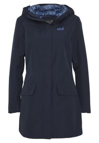 Veste de pluie bleu marine avec capuche, doublure à motifs floraux, deux poches avant, et fermeture éclair frontale. Logo Jack Wolfskin visible.