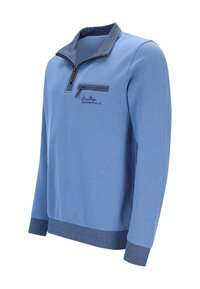 Hellblauer Langarm-Pullover mit einem Viertelreißverschluss, dunkelblauem Kragen, Bündchen, Saum und einer Reißverschlusstasche auf der Brust mit kleiner Logo-Stickerei.
