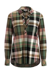 Blouse à manches longues en tissu à carreaux dans des tons verts, marron, noir, crème et rose, avec un col et une patte de boutonnage partielle.