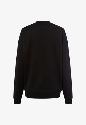 Un sweatshirt noir, fabriqué en tissu doux, doté d'un col rond classique, de manches longues, de bords côtelés aux poignets et à l'ourlet, avec une texture lisse et sans graphismes.