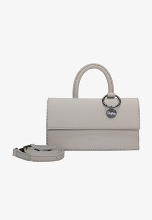 Borsa a tracolla in finta pelle grigia con manico superiore, tracolla rimovibile e un accentuato anello metallico circolare. Presenta una chiusura a pattina e cuciture visibili.