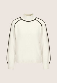 Weißer Strickpullover mit schwarzer Paspelierung entlang der Raglanärmel und Schultern, ausgestattet mit einem gerippten Stehkragen und Bündchen.