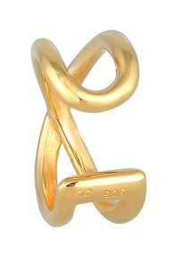Anello in metallo dorato a torsione con una finitura liscia e lucida. Presenta un design unico a forma di anello e marcature stampate sulla fascia.