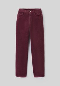Pantalon en velours côtelé bordeaux avec une coupe droite, style cinq poches, texture lisse et fermeture par bouton à la taille.