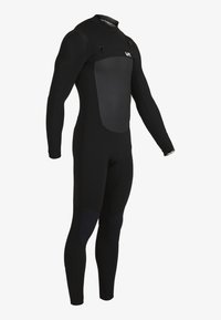 Wetsuit made of black neoprene, featuring a smooth panel across the chest, long sleeves, and reinforced knee patches for durability.