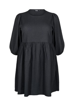 Abito in tessuto nero strutturato con scollo rotondo, maniche a sbuffo a tre quarti e vita arricciata per una silhouette della gonna ampia.
