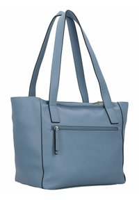 Borsa a spalla sintetica blu con due manici lunghi, una tasca frontale con zip e bordo nero a contrasto lungo i lati. Design ampio e rettangolare.