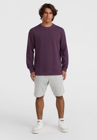 Paarse sweatshirt van zachte stof, met een ronde hals en een klein logo. Gedragen met grijze shorts en witte sneakers, tegen een effen achtergrond.