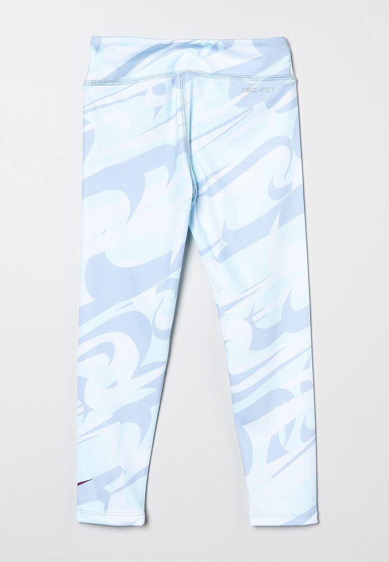 Helle blaue Leggings mit einem abstrakten Wirbelmuster, hergestellt aus dehnbarem Stoff mit einer glatten Textur. Enthält einen Bund und ein Logo-Detail.