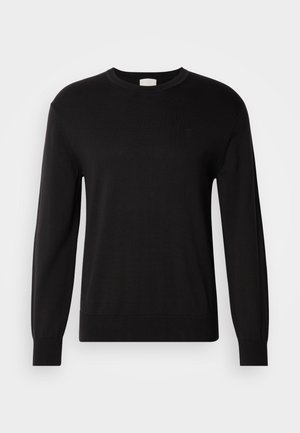Black crew-neck sweater made of a soft knitted fabric. Features long sleeves and a subtle logo on the chest. Classic fit and smooth texture.