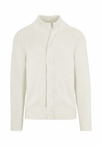 Cardigan di colore crema chiaro realizzato in tessuto a maglia testurizzato. Presenta un colletto arrotondato, chiusura con zip e sei bottoni sul davanti. Maniche lunghe.