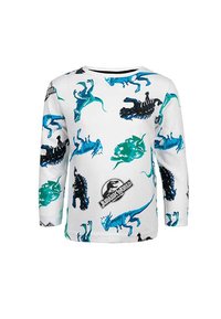 Long-sleeve T-shirt in white fabric featuring various dinosaur prints in teal, black, and blue. Includes a Jurassic World logo detail.