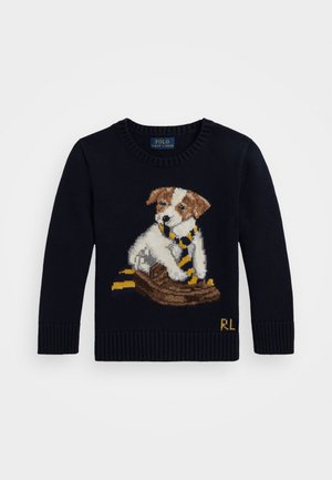 Suéter de punto azul marino con un diseño de perro, texturizado con una bufanda a rayas amarillas. Puños y dobladillo acanalados. Logo de Ralph Lauren en amarillo.