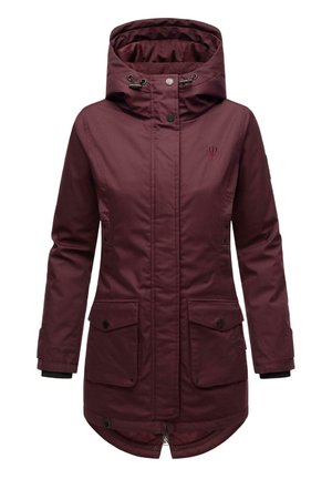 Veste parka bordeaux avec capuche à cordon de serrage, deux poches avant et une fermeture éclair en bas. Fabriquée en tissu texturé et résistant aux intempéries.