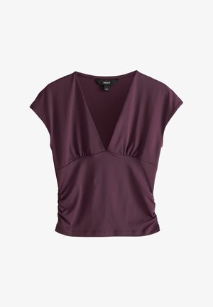 Purpurinė trumpomis rankovėmis palaidinė su gilia V formos iškirpte, surištais šonais ir aptempta liemeniu, iš „Next“ prekės ženklo.