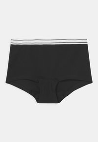 Pantaloni boyshorts neri in cotone con un morbido elastico in vita, caratterizzati da due strisce orizzontali bianche. Tessuto liscio con un taglio a vita media.