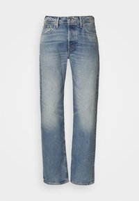 Helles blaues Jeansmaterial aus Denim, mit einem geraden Schnitt und einem leichten Verblassungs-Effekt, fünf Taschen und einem Bund mit Gürtelschlaufen.