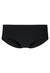 Black bikini bottom with a smooth, stretchy fabric. Features a low-rise cut and seamless design for comfort. No visible patterns or accents.