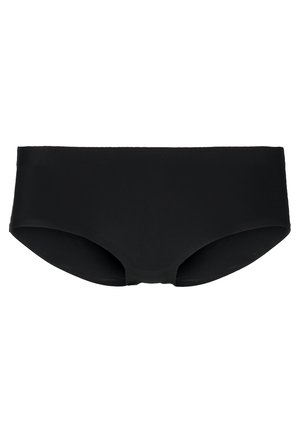 Black bikini bottom with a smooth, stretchy fabric. Features a low-rise cut and seamless design for comfort. No visible patterns or accents.