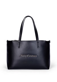 Borsa a spalla in pelle nera con doppio manico, caratterizzata da un logo argento "Juicy Couture" sulla parte anteriore. Texture liscia, chiusura con zip nella parte superiore.