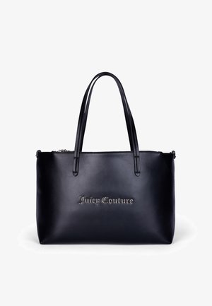 Borsa a spalla in pelle nera con doppio manico, caratterizzata da un logo argento "Juicy Couture" sulla parte anteriore. Texture liscia, chiusura con zip nella parte superiore.