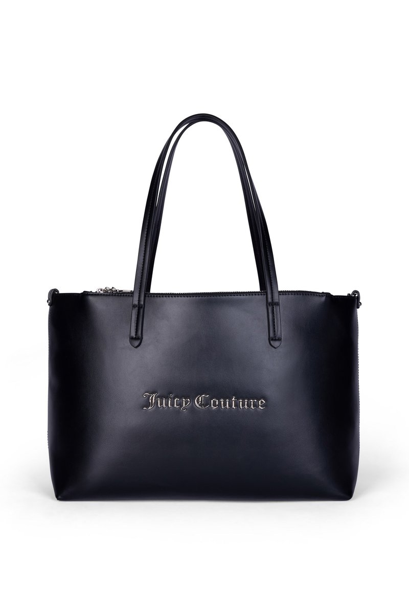 Borsa a spalla in pelle nera con doppio manico, caratterizzata da un logo argento "Juicy Couture" sulla parte anteriore. Texture liscia, chiusura con zip nella parte superiore.