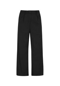 Pantaloni largi negri, dintr-un material neted, cu închidere frontală prin buton și detalii pliate pentru o structură suplimentară.