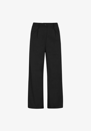 Schwarze weit geschnittene Hosen aus glattem Stoff, mit einem vorderen Knopfverschluss und gefalteten Details für zusätzliche Struktur.
