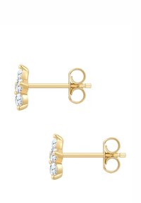 Zelta stud auskari ar trim skaidram ovāliem akmeņiem izliektā uzlikumā ar pulētu apdari un tauriņa aizdari.