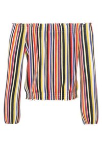 Off-the-shoulder toppi pitkissä hihoissa, jossa on vaakasuuntaiset raidat punaisena, keltaisena, sinisenä ja mustana. Elaine kyynärnoja ja helma.